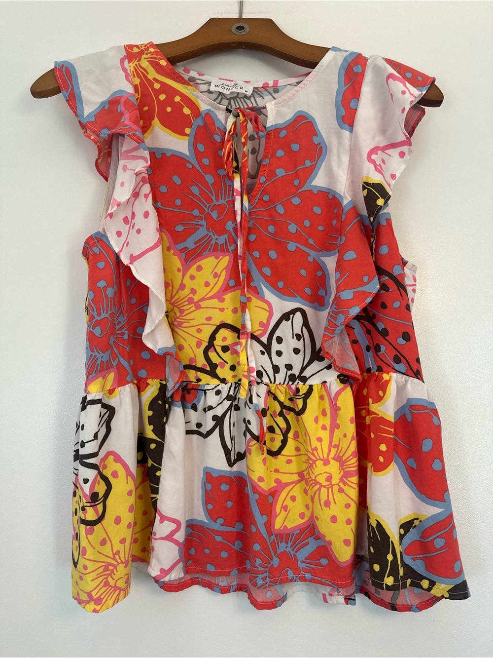 Emily Wonder multicolor Floral Ruffle Tie-Neck Blouse - Red/Yellow